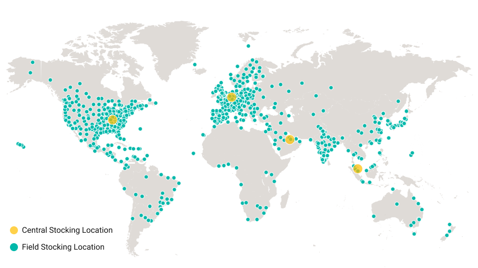 Map of United States mainland with markings of UPS distribution facilities, international airport hubs, and main campus locations